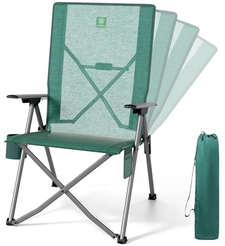 EVER ADVANCED Campingstol, vikbar ryggjusterbar i 4 positioner, fällstol, högt ryggstöd upp till 160 kg, trädgårdsstol av nättyg med sidoficka, dryckeshållare, fiskarstol för camping, trädgård