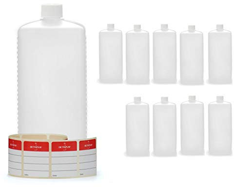 Octopus Bouteilles en Plastique 10 x 1000 ML, Bouteilles en Plastique PE-HD avec Bouchon à vis de Blanc, Bouteilles vides avec Bouchons à vis Blanc, Bouteilles carrées. 10 étiquettes incluses.