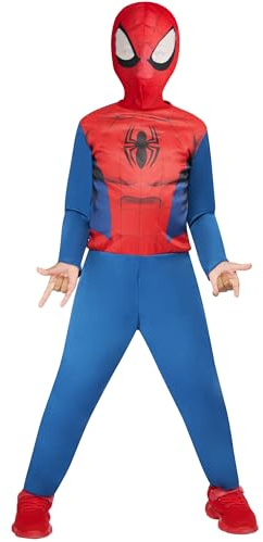 RUBIES SPIDER-MAN Officiell Marvel barndräkt, röd och blå, barndräkt, storlek 3–4 år. Kostym med jumpsuit och balaklava, kardborreknäppning, för födelsedag, karneval