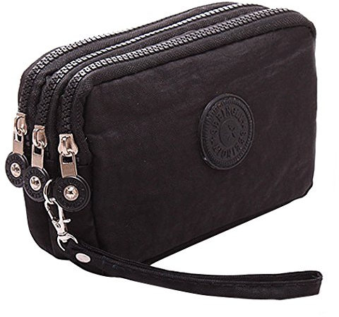 Forlady, Pochette multiuso con 3 scomparti, chiusura con cerniera, per chiavi, denaro, cellulare, adatta per lo sport Nero Taglia unica