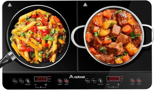 Aobosi Placa de inducción doble portátil, 3500W, Calefacción Rápida, Placa Vitroceramica con Timer y Función Mantener Caliente, Control Táctil