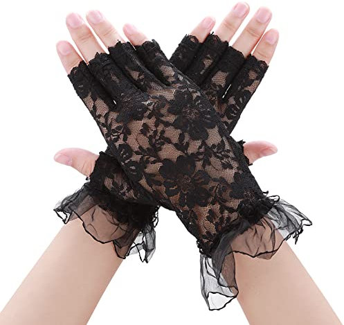Damen Spitzen Fingerlose Handschuhe Schwarze Kurz Geschnittene Blumen Net Handschuhe mit Spitzen Brauthandschuhen für Hochzeit Beerdigung Oper Abendessen Teeparty