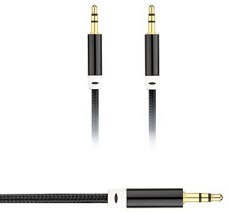 E EGART Audio Cable 3,5mm Aux Cable Stereo Jack Cable Nylon Braided Aux to Aux Cable Lead for Car, Headphone, iPhone, iPad, Samsung, MP3, Smartphone, Tablet, Home Stereo, Laptop (Black - 1 Meter)