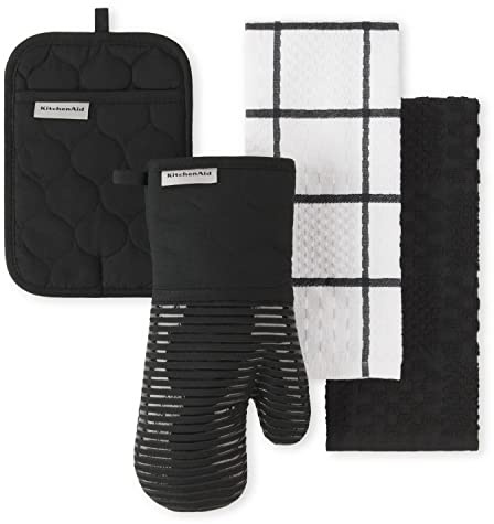 KitchenAid Quilted Cotton Terry Cloth Oven Mitt, Pot Holder, Kitchen Towel 4-Pack Set, Heat Resistant, Silicone Grip, Gift Set, Matte Black, 16x26, 7x13 & 7x10