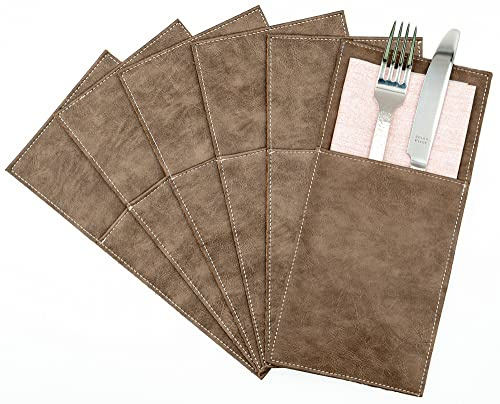 BEEFSTONE Bestecktaschen 6er Pack aus PU Leder | Besteckhalter mise en place für Besteck und Serviette abwaschbar Kunstleder Lederoptik vegan für Gastronomie und zu Hause „vintage“ Look (Erdbraun)