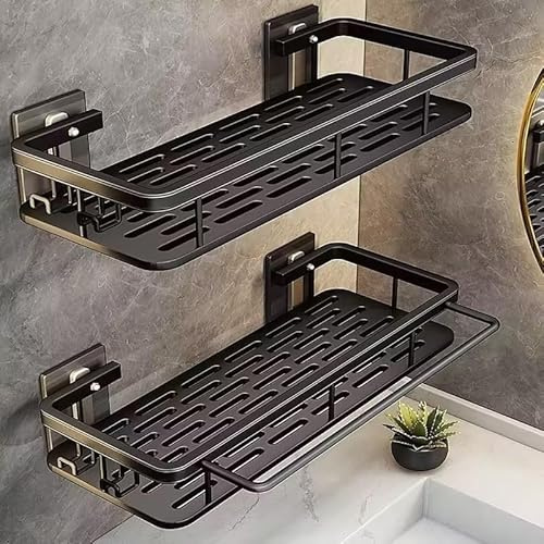 EVALAND Shower Caddy Adhesive 2-Pack with Hooks and Rod for Towels, Black – Premium Bathroom Shower Shelves, Shampoo Organizer, Bathtub Shelf, Rustproof, Easy Installation, Sturdy Modern Look