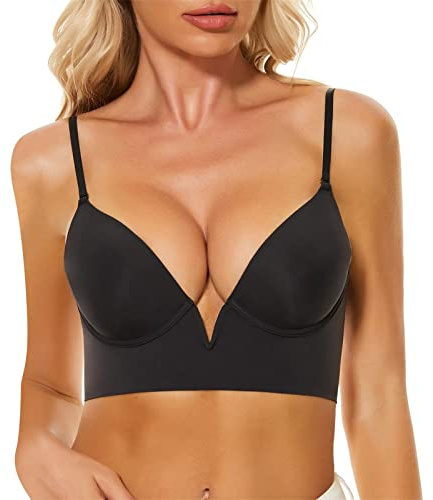 Low Back Bras for Women: Multiway Convertible, Deep V Neck Plunge, Push Up, Wire Lifting, Black, Size 36C