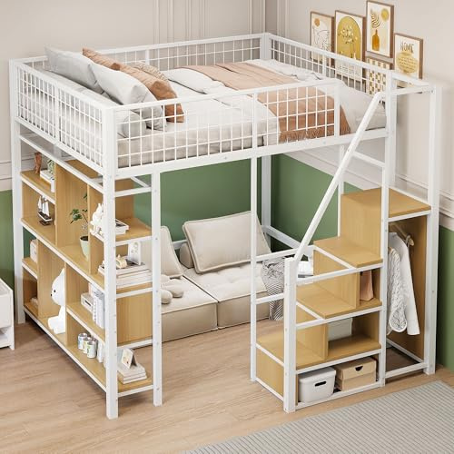 Kebnor Cama Alta Multifuncional 140 x 200 cm de Metal Con Almacenamiento, Estantes y Escalera para Adultos (Blanco)
