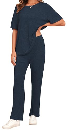 Famulily Womens 2 Piece Casual Outfits Lounge Wear Set Loose Comfy Summer Tops and Trousers with Pockets, Wide Leg Tracksuits Pyjama Sets (XL, Navy Blue)