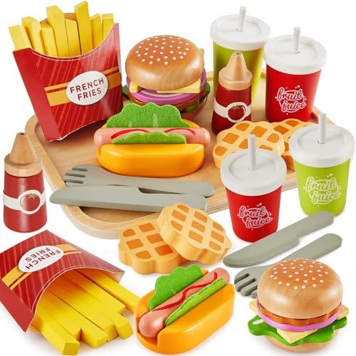 BUYGER Kinderküche Spielküche Zubehör Holz, Hamburger Hot Dog Fast Food Spielzeug, Holz Lebensmittel Spielzeug, Rollenspiele Holzspielzeug Geschenk für Kinder 3+ Jahre
