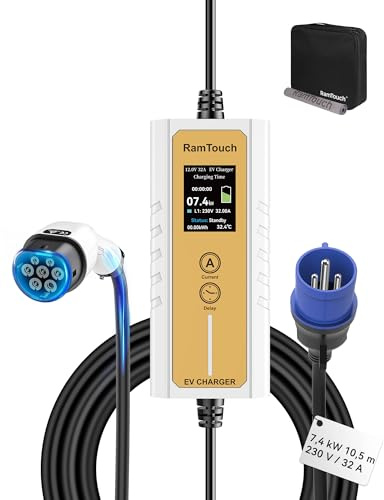 RamTouch Cargador Coche Eléctrico (7,4 kW, 10,5 m, Tipo 2, CEE 32A) - Cargador Vehículo con Corriente Ajustable 6A-32A, Carga Diferida/Programada, Cable de Carga Tipo 2 para Híbridos y Eléctricos