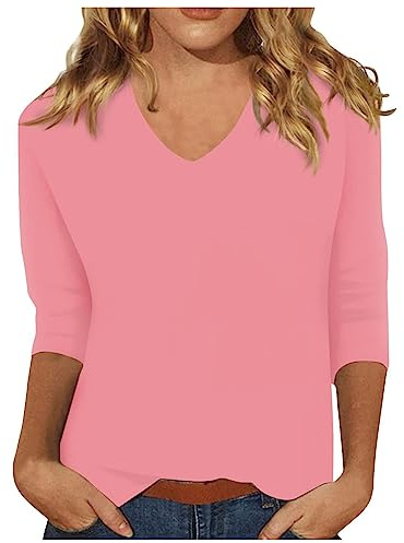 Shirt Juniors Sleeve Summer Solid Plain Travel Cute Tops V Neck Slim Fit Half Sleeve Tshirts Shirts Spring Blouse Peach Tops for Women (Pink, L)