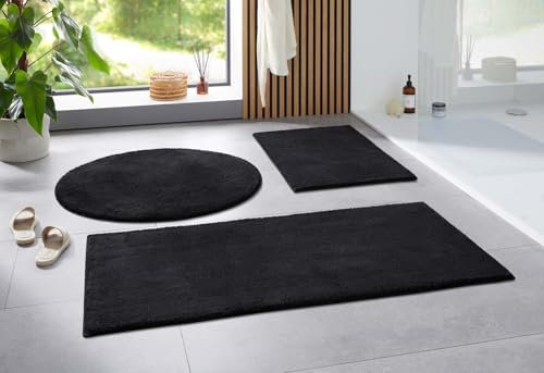 Taracarpet Badematte Uni Boho rutschfest, waschbar, Badezimmer-Teppich, Bad-Vorleger, WC Deko, Duschvorleger für Dusche und Badewannen weich und als Set kombinierbar Schwarz 050x080 cm