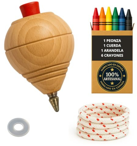 Peonza Madera para Niños Pack 1 Trompo + 6 Ceras de Colores + 1 Arandela | Hecho a Mano en España con Punta Bolígrafo.