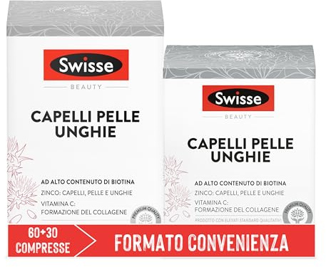SWISSE Capelli Pelle Unghie - Integratori per Capelli, Pelle e Unghie con Vitamina C Biotina Cardo Mariano, 90 Compresse - Zinco Integratore Capelli, Formazione Collagene e Unghie Sane - Made in Italy