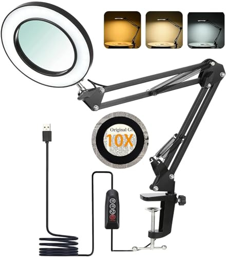 Lampe Loupe LED 10X avec Pince,72 LEDs,3 Modes de Couleur,10 Niveaux de Luminosité,Bras Articulé Flexible,Loupe Éclairage pour Lecture,Couture,Bijoux,Réparation,Noir