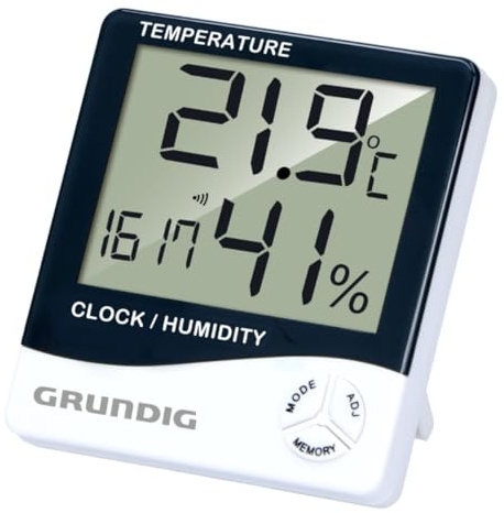 Grundig Wetterstation Digital - Thermometer und Hygrometer Innen und Außen - Wetterstation Funk mit Alarm und Uhr - LCD Display - 9.5 x 10.5 x 2 cm - Weiß/Schwarz
