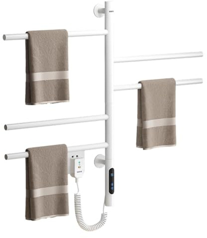 Seche Serviette Electrique pivotant, Radiateur seche Serviette Electrique Salle de Bain 85W sèche Serviette Mural Chauffant avec Thermostat(30-70℃) Minuterie Écran LED (White)