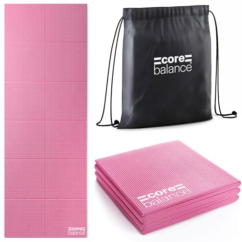 Core Balance Foldable Travel Yoga Mat, Non Slip PVC Foam with Textured Grip, 6mm Thick for Balance & Comfort, Lightweight, Compact & Portable, Exercise Mat with Drawstring Bag, 173cm × 61cm (Pink)