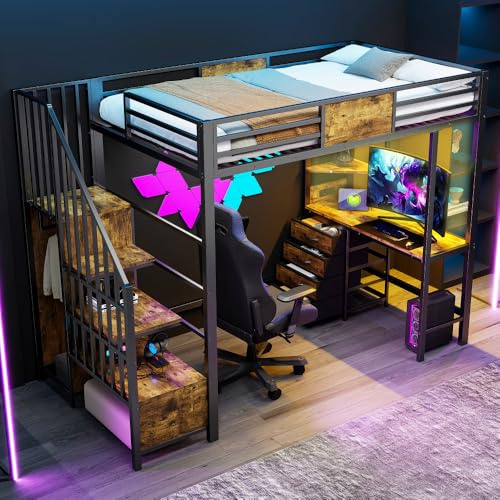 Sapgaks Lit superposé en métal 90x200 avec Bureau,éclairage LED,Prise,Compartiments de Rangement,Tringle à vêtements,lit Mezzanine Enfant,Cadre de lit Mezzanine 1 Place,Noir