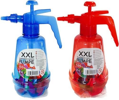 XXL vattenbomber, pump inkl. 100 vattenbomber, röda flaskballonger i färgglada färger, pump, tryckflaska (set 1 x vardera)