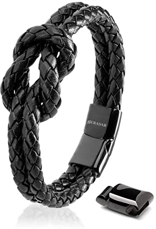 SERASAR Armband Damen Schwarz 16cm - Leder Frauen Echt Geschenk Schachtel Knoten Schmuck Armbänder Armkette Freundin Schwester Mädchen Partner Geschenke Pärchen Paar Mama