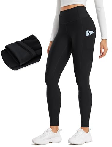 CRZ YOGA Damen Thermo Leggings mit Taschen Winter High Waist Fleece Sportleggins Yoga Leggins Warm Thermal Sporthose - 71cm Schwarz 34