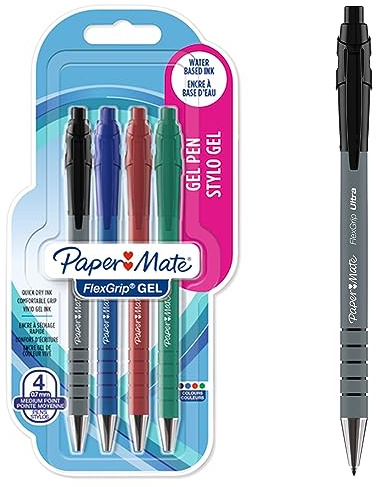 Paper Mate FlexGrip bolígrafos de gel | 0,7 mm | Tinta negra | azul | roja y verde | Material escolar | 4 unidades