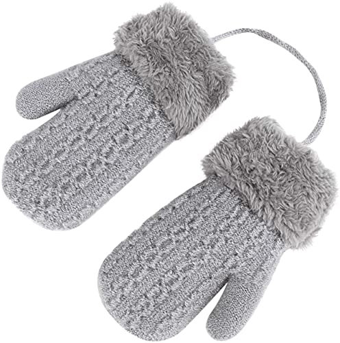 Moufles Tricot Hiver pour Bébé Fille Garçon 1-3 Ans Gants Tricoté Doublure en Polaire Mitaine Chaud avec Corde Anti-Perdu Gants Thermique à Double-Couches Doux et Confortable pour Ski Snowboard (gris)