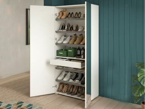 Dmora Scarpiera Tarassaco 37x72x195h cm Bianco un Cassetto 6 Ripiani, Mobile Portascarpe 2 Ante Made in Italy