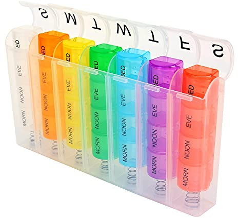7 Tage Pillendose Organizer, Tragbare wöchentliche Medikamenten-Tabletten-Aufbewahrungsbox, Regenbogenfarbene Pillendose mit 28 Fächern, 4 mal am Tag – Morgen, Mittag, Abend und Bett