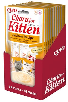 INABA Churu Kitten Snack pour Chatons de Moins de 12 Mois - Goût de Poulet, 12 Paquets (48 bâtons x 14 GR), Nourriture pour Chats Petits avec oméga 3 et 6, Taurine, Vitamine E, soutient la Croissance
