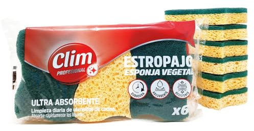 Clim Profesional - 18 Estropajos con Esponja Vegetal de Celulosa y Fibra Verde | Pack 18 uds | Súper Absorbentes Resistentes y Duraderos | Especial Cocinas y Vajillas | Esponja Vegetal Biodegradable