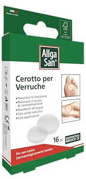 Cerotti Allga San rimozione verruche, con acido salicilico. Resistenti all'acqua. 16 pz.