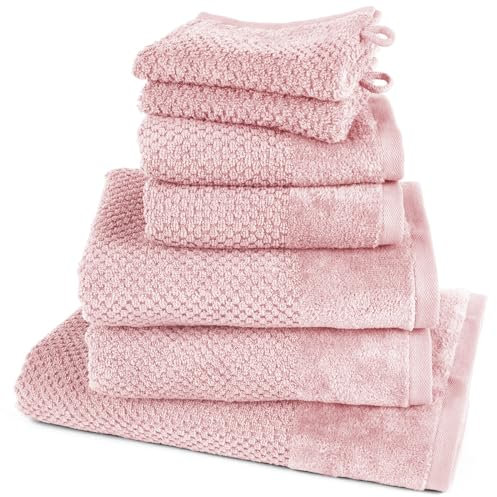 Pure Label 7-TLG. Handtücher Set aus 100% Baumwolle, saugstark und weich - 1x Badetuch (70x140 cm) 2X Handtuch (50x100cm) 2X Gästetuch (30x50 cm) 2X Waschlappen (16x21 cm), Rosa