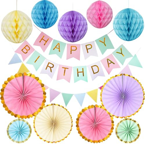 Geburtstagsdeko, Premium Wiederverwendbare Party Deko, Pastellfarbene Happy Birthday Deko, Girlande Wimpelkette Wabenbälle Pompons für Party Deko