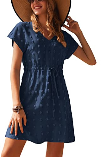Ekouaer Strandöverdrag Dam Strandklänning Kort Klänning Sommar Bikini Cover Up V-ringning Kortärmad Casual Klänning S-XXL, Marinblå, XL