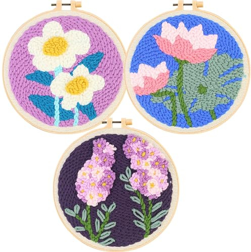Allazone Punch Needle Kit, 3 Pz Juegos de Bordar, Kit de Bordado Principiantes, Kit de Herramienta con Aros de Bordado, Tela Bordada, Hilos de Colores, Estilo Floral