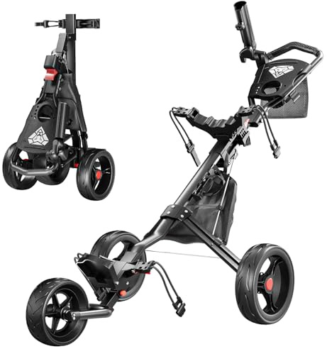 Alllion Golf Push Cart 3 Wheel, Golf Cart Foldable, Multiple Functions Golf Bag Cart for All Ages with Adjustable Handle - Lightweight & Easy Fold Design for Easy Transportation - 12lbs - Black