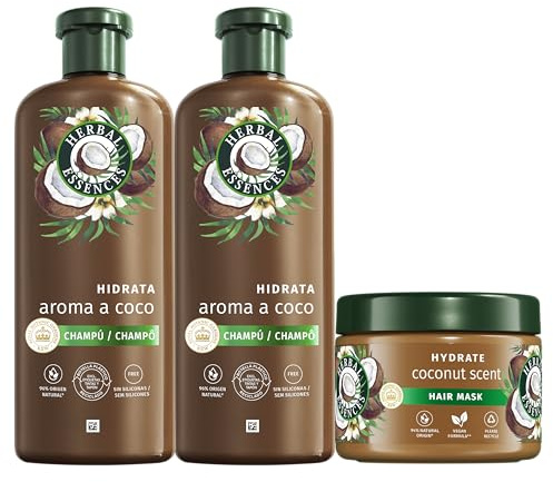 Herbal Essences Champú 2x350ml + Mascarilla 500ml Hidratante Aroma A Coco Para Pelo Muy Seco. Ayuda A Hidratar Intensamente, Cabello Suave Y Sedoso. De Origen Natural. Vegano, No Testado En Animales