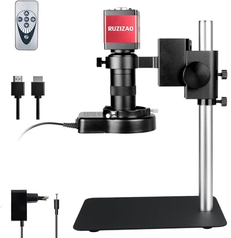 RUZIZAO Microscopio Digital, microscopio Industrial 1080p,Interfaz HDMI VGA, Lente C-Bayoneta de Alta definición, Zoom 130x, lámpara de Anillo LED, con Base metálica,para Mantenimiento electrónico