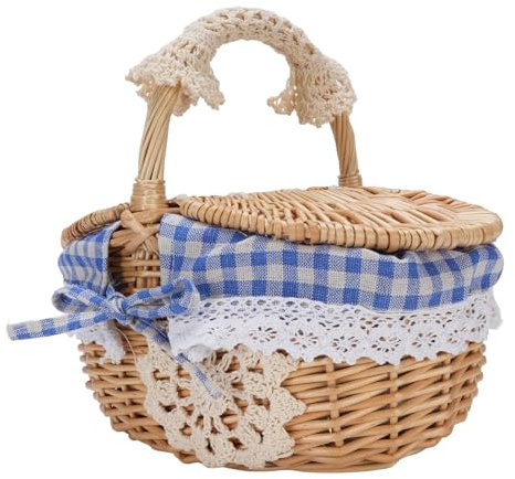 Korgpicknickkorg med Lock och Handtag, Picknickkorg för Camping Vegetabilisk Plockning, Dubbel öppningslock och Avtagbart Foder (Blåplik)
