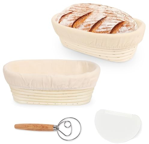 Bread Proofing Baskets, 10inch Sourdough Oval Proofing Basket, Proofing Bowls with Liners for Bread Making for Professional and Home Bakers (2PCS+2KIT)
