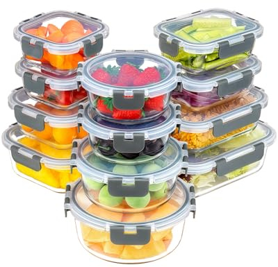 KUMD Vorratsdosen Glas mit Deckel 12er Set (12-Pack) - 24-teiliges Borosilikatglas Frischhaltedosen für Mikrowelle & Meal Prep - Rund, Eckig & Quadratisch, Ofenfest