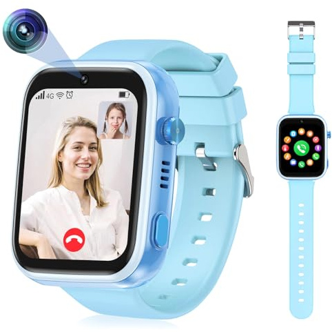 OKYUK Smartwatch barn 4G med GPS-spårare, tvåvägssamtal, SOS, smartklocka med flera skrivbordsstilar att välja mellan för 6–12 pojkar och flickor (blå)