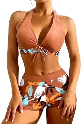 EOAMGO Women’s Bikini Set, Two Piece Bikini Swimsuit Set with Classic Bikini Top and High Waist Boyshort Bottoms, Short Style Swimwear (UK, Alpha, L, Regular, Regular, Caramel)