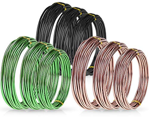 Zhanmai 9 Rolls Anodized Aluminum Bonsai Training Wires 3 Sizes (1.0, 1.5, 2.0 mm) Total 147 Feet Black Plant Training Wire for Fine Trunk Branch Control(Black, Brown, Green)