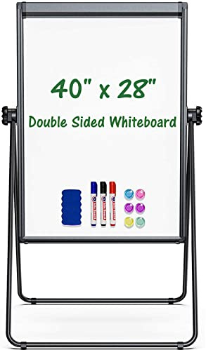 Stand White Board Magnetic 40 x 28 inches Dry Erase Board Double Sided Height Adjustable Flip Chart Easel with Flipchart Hooks for Teaching Presentation Meeting, Black
