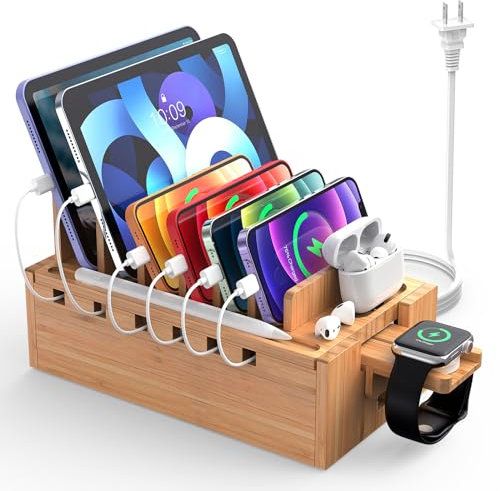 Estación de carga de bambú para múltiples dispositivos con cargador USB de 5 puertos, 4 cables de carga y soporte para Apple Watch. Estaciones de base de madera organizador para teléfono celular,