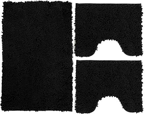 Poligono Juego de Alfombrillas de baño 3 Piezas de Microfibra, Alfombra de Pelo Largo 50 x 80 cm, 2 Alfombrillas para Inodoro y al Agua, Forma Rectangular, 40 x 50 cm, Suave, Antideslizante, Negro